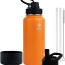 32 oz Powder Coated Double Wall Vacuum Insulated Sports Water Bottle, 18/8 Stainless Steel Wide Mouth Thermal Flask with Straw Lid & Spout Lid, Leak Proof, Sweat Free, BPA Free (Orange, 32 oz)