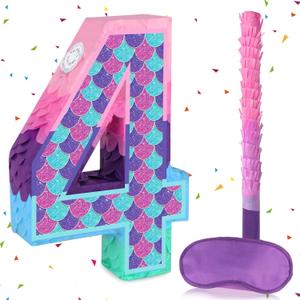 Mermaid Number 4 Pinata with Stick Blindfold for Girl 4th Birthday Party Decoration Colorful Paper Flaver Anniversary Celebration for Children's Ocean Mermaid Theme Carnival Event Decoration