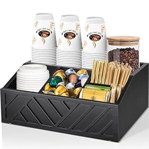 Farmhouse Coffee Station Organizer - Wooden Countertop Coffee Bar Accessory Holder for Pods, Syrups & Condiments (Black)