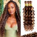 Highlight Human Braiding Hair 12 Inch 110g for Boho Braids Knotless Braids Bulk 100% Human Hair Extensions, P4/27/30 Ombre Brown Blonde Deep Water Wave Braiding Hair for Bohemian No Weft 3 Bundles