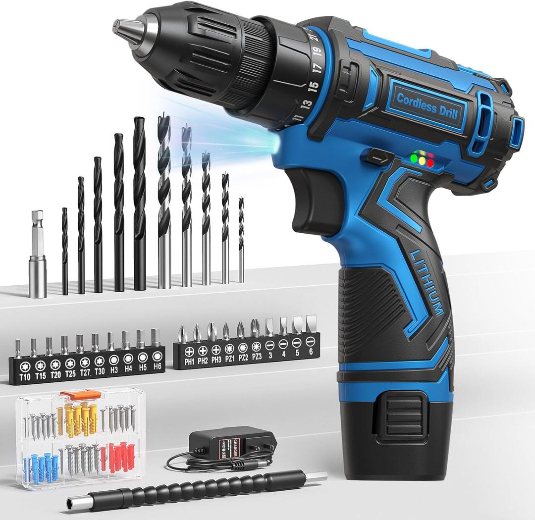 Cordless Drill Set,12V Power Drill Driver 3/8" Keyless Chuck with 92 Acessories, Built-in LED Light, 25+1 Position, Electric Drill for Home DIY Projects Blue