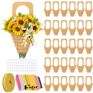Gilprop 30 Pcs Teacher Appreciation Week Flower Bag with Handle Kraft Flower Bouquet Bags Teacher Appreciation Gift Bag with Pencil Tag Tape Measure Ribbon for School End of Year(Basket Style,Brown)