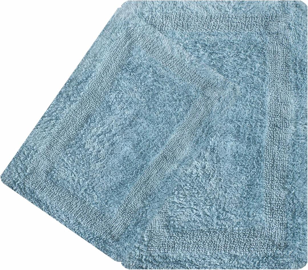Ramanta Home 2 Piece Cotton Bath Mat Set - Spa Blue, Super Soft Rversible Absorbent, Machine Washable Luxury Bath Rug Set of 2 for Bathroom, Shower, Kitchen, Entryway Rugs - 21x34 & 17x24 Inch (21x34 & 17x24 Inches)