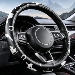 Octomo Steering Wheel Cover, Western Cowboy Pattern PU Fit 14.5-15 Inch
