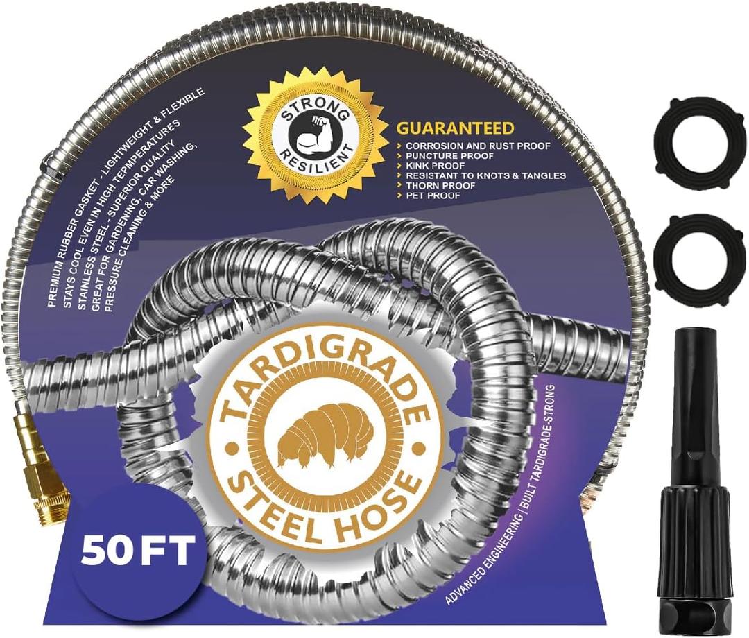 Tardigrade Metal Garden Hose 50 FT, Heavy Duty 304 Stainless Steel Water Hoses, Unmatched Durability, Flexible, No Kink & Tangle, Lightweight, Pet & Rust Proof for Outdoor Lawn Yard