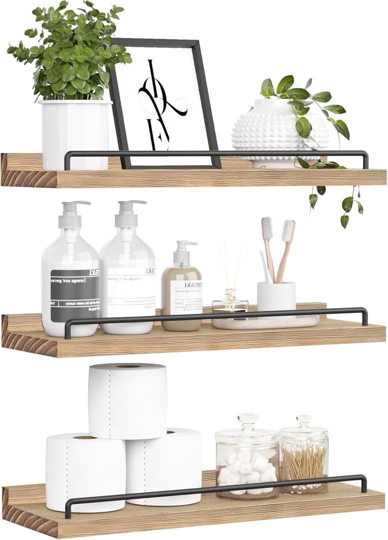 Floating Shelves for Wall Decor, Light Brown Wood Shelves for Bathroom, Living Room, Bedroom, Picture Frames, Plants, Kitchen (Set of 3) (16")
