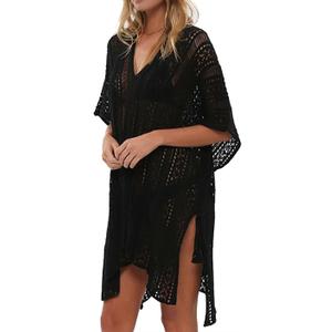 Bathing Suit Cover Up Bikini Swimsuit Crochet Beachwear Swimwear Dress (One Size, Black)
