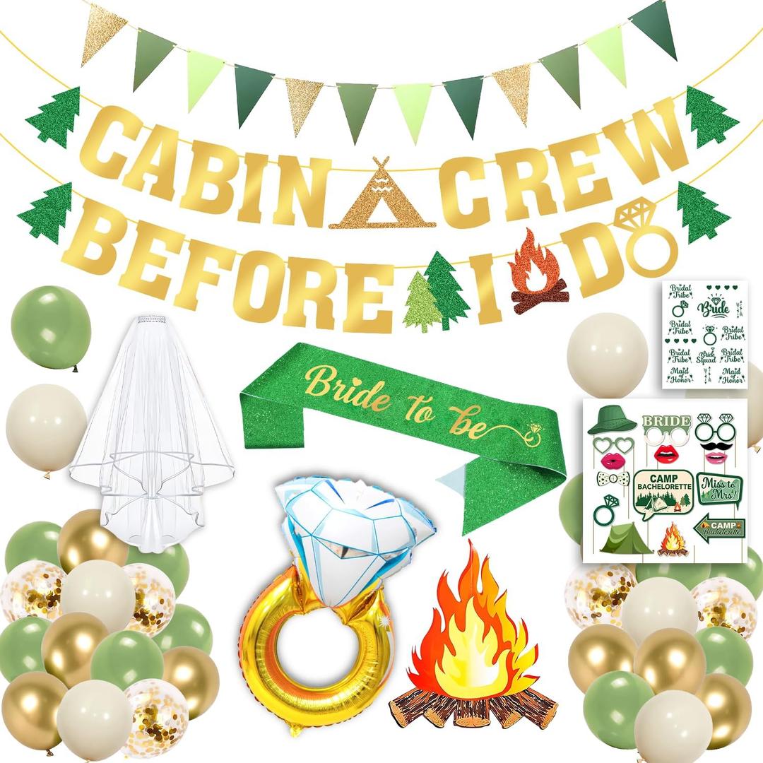 Camp Bachelorette Decorations Kit, Gold Green Bachelorette Party Supplies, Bachelorette Gifts for Bride Include Camping Party Banner, Bachelorette Temporary Tattoos, Bride Balloons Decor