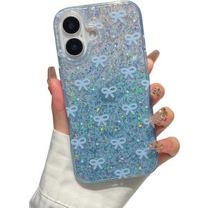 Compatible with iPhone 16 Case, Cute Bow Pattern Gradient Bling Sparkly Aesthetic Transparent Shockproof Slim Durable TPU Phone Case for Women Girls - Blue