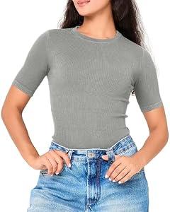 BAMBOO COOL Women's Seamless Tight T-Shirts Slim Fit Basic Ribbed Tees Short Sleeve Crew Neck Top M 