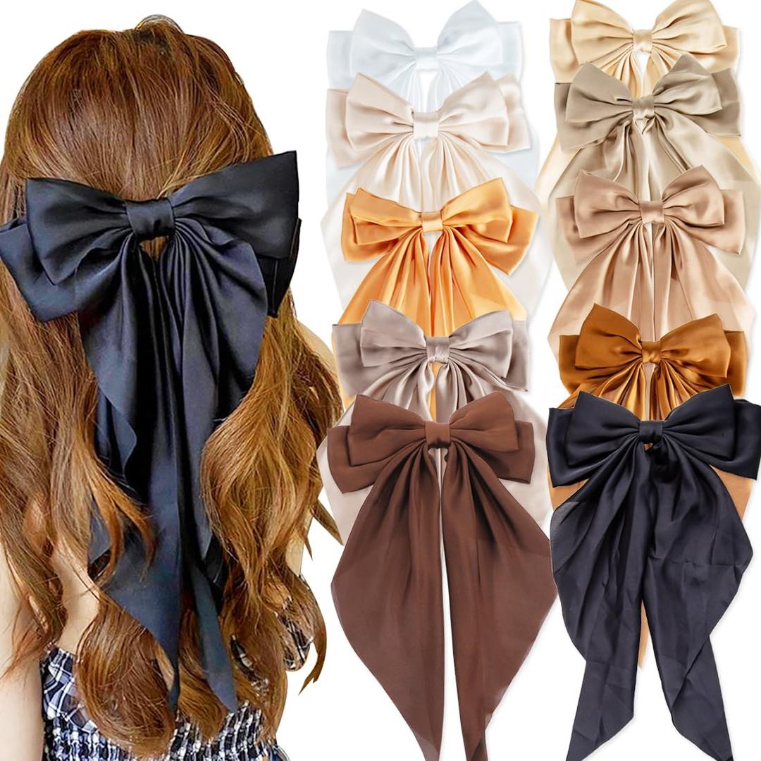 10 PCS Large Hair Bows Ribbon Bow for Women,Hair Bows for Womens,Oversized Long-tail Cute Aesthetic Hair Accessories,Large Hair Barrettes for Women,Big Bows for GirlsWarm brown