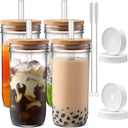 DWTS DANWEITESI Glass Cups with Lids and Straws,24 oz Smoothie Cup with Lid and Straw-Boba Mason Jar,Matcha Cup Wide Mouth Reusable Drinking Glasses,Iced Coffee Cups Glass,Vasos De Vidrio4 Pack