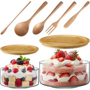 Qinyoung 2 Pack Large Trifle Bowls with Lids 9 Inch and 6.9 Inch Clear Glass Large Salad Bowl for Cake, Baking, Dessert, Fruit and Party DIY with 5 Pcs Wood Serving Utensils, Microwave Dishwasher Safe