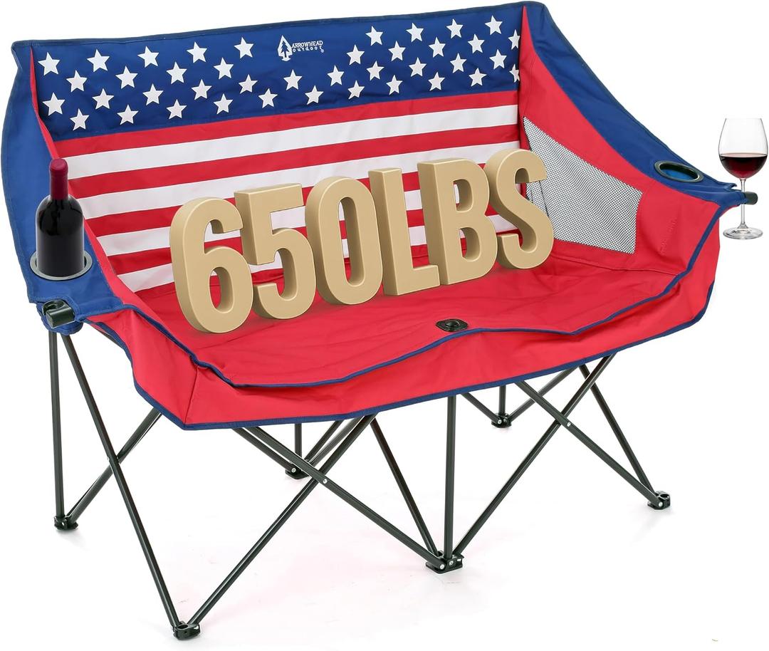 ARROWHEAD OUTDOOR Portable Folding Double Duo Camping Chair Loveseat w/ 2 Cup & Wine Glass Holder, Carrying Bag, Supports up to 500lbs, X-Large