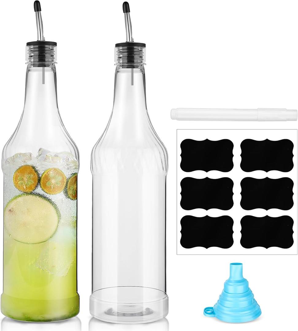 Dandat 32 oz Plastic Long Neck Bottles with Pourer and Caps Plastic Juice Pour Bottles with Stainless Steel Pourer Tapered Spout for Liquor Juice(Silver,4 Pcs)