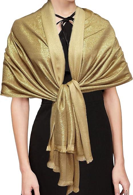 Gragengs Women's Sparkling Metallic Pashmina Shawls and Wraps Long Party Scarf Solid Color Two Tone