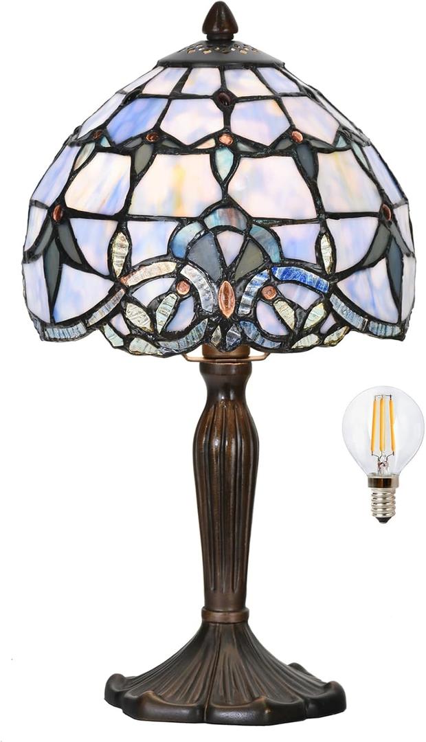 TL0006 Small Tiffany Lamp Baroque Design Handcrafted Stained Glass Table Lamp for Small Space Bedroom Bedside Nightstand Home Office, 8" W x 14.25" H, LED Bulb Included (Blue Baroque)