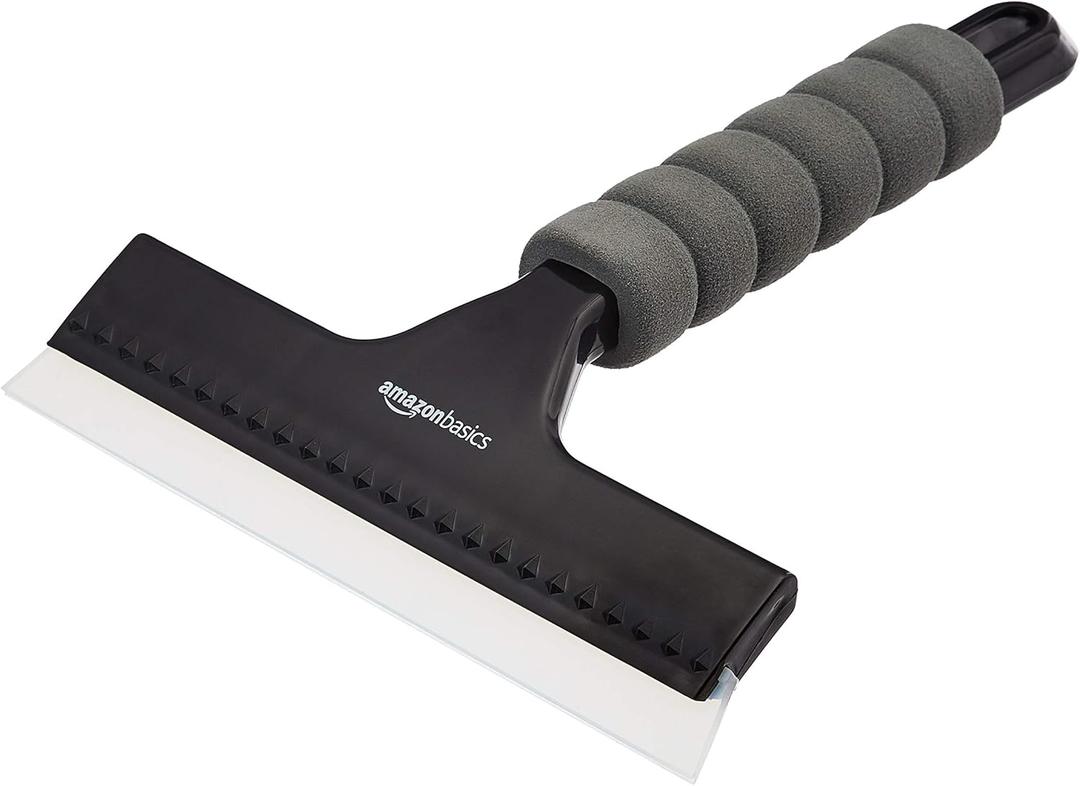 Amazon Basics All-Purpose Window Squeegee with Handle for Car Windshield, Shower, Glass, Mirror Cleaning, Silicone Rubber Blade, Streak-Free Results, Lightweight, Black, 8-inch