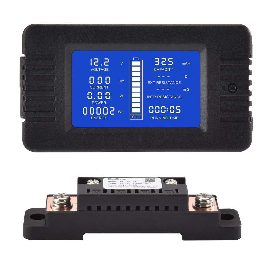 DC Multifunction Battery Monitor Meter with Shunt,0-200V,0-100A, LCD Display Digital Current Multimeter Voltmeter Ammeter for Cars RV Solar,Widely Applied to 12V/24V/48V RV/Car Battery