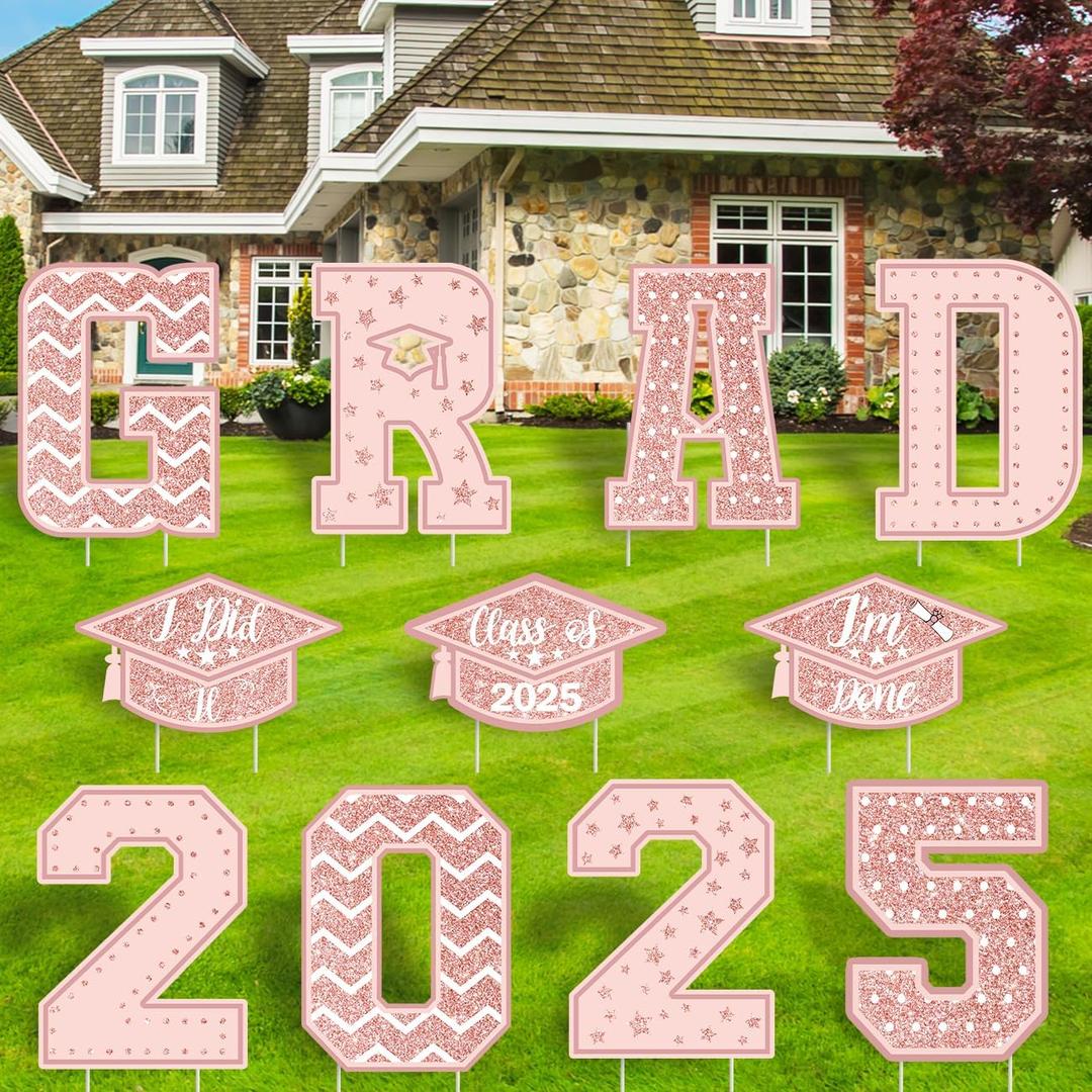 11 PCS Graduation Yard Signs Party Decoration Class of 2025 Pink Grad Congratulate Graduation Lawn Signs with 22 Stakes for Outdoor Graduation Party Supplies (Pink Gold)