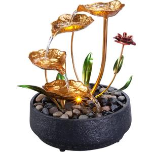 Tabletop Fountain Metal Lotus Circulating Fountain Water Feature for Zen Home Decor Warm Yellow Scene Light(23034)