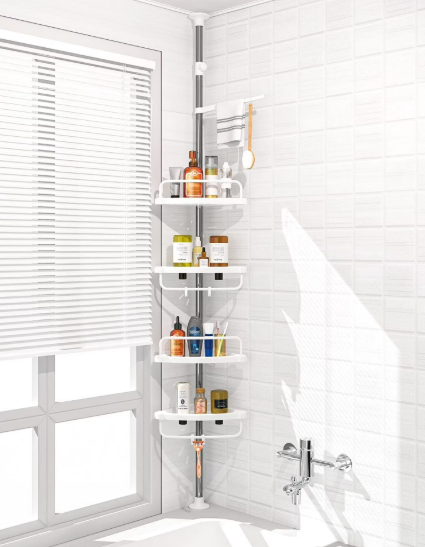 4 Layer Corner Shower Caddy, Stainless Steel â€‹Constant Tension Pole Shower Organizer, Adjustable Corner Shower Shelf, Rustproof 3.3 to 9.8 ft