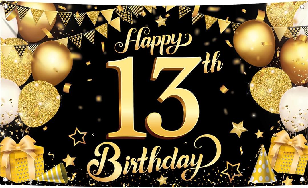 KatchOn, Happy 13th Birthday Banner Black and Gold - XtraLarge, 72x44 Inch | happy birthday Backdrop, happy 13th birthday Banner | happy birthday Decorations for Boys