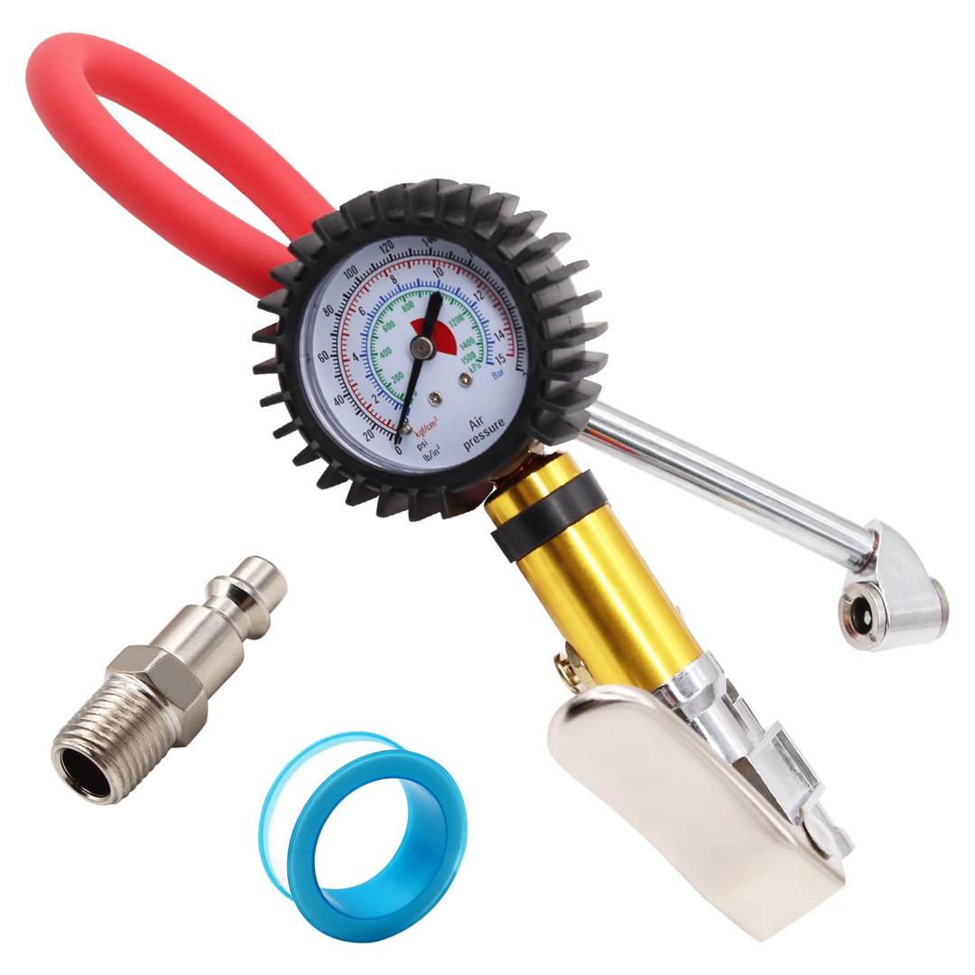 Tire Pressure Gauge with Inflator, 220 PSI Air Pressure Gauge for Tires, 2.5" Pressure Reader, Extended Straight-on Air Chuck Q-049