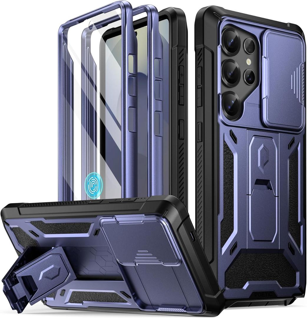 Poetic Spartan Case for Galaxy S25 Ultra 6.9", [Slide Camera Cover] [Screen Protector Works with Fingerprint ID] Military Grade Rugged Shockproof S25 Ultra Phone Case with Kickstand, Midnight Blue