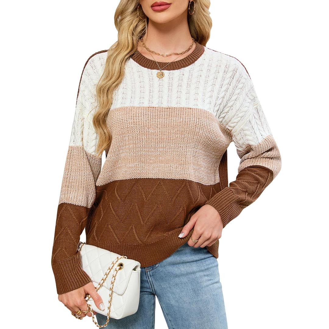 Women's Striped Color Block Sweaters Crewneck Fall Sweater Long Sleeve Oversized Soft Winter Pullover Tops XL