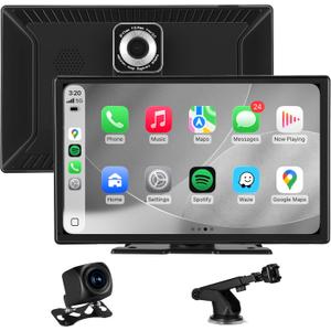 9'' Wireless CarPlay Screen for Car, Apple Car Play & Android Auto Car Stereo HD Touchscreen with 4K Dash Cam & 1080P Backup Camera, GPS Navigation & Mirror Link, for Most Vehicles
