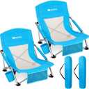 AKSOUL Folding Beach Chair for Adults: Low/High Back Chairs with Carry Bag - Extra Wide Seat Chair with Comfortable Pillow & Storage Pocket (1 Pack & 2 Pack, Blue), 23*23*24 inches