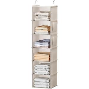 YOUDENOVA Hanging Closet Organizer, 6-Shelf Closet Hanging Storage with Side Pockets, Beige | with Side Pockets