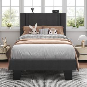 Feonase Twin Platform Bed Frame, Fabric Upholstered Twin Bed Frame, Solid Wood Slats & Heavy Duty Feet Support, No Box Spring Needed, Noise-Free, Easy Assembly, Dark Grey