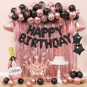 Rose Gold and Black Birthday Party Decorations with Happy Birthday Banner Fringe Curtai Cake Topper Butterfly Decorations Foil Balloons Happy Birthday Decorations for Women Adults