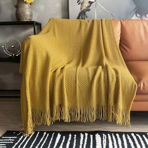 No Brand Knitted Throw Blanket with Tassels Bubble Textured Lightweight Throws for Couch Cover Home Decor (Mustard Yellow, 50x60)