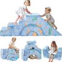 MeMoreCool Foam Climbing Toddler Couch, Modular Kids Sofa with Slide & Stair, Convertible Baby Couch for Playroom, Sectional Furniture for Crawling, Climbing, and Kids Play (Denim Dinosaur)