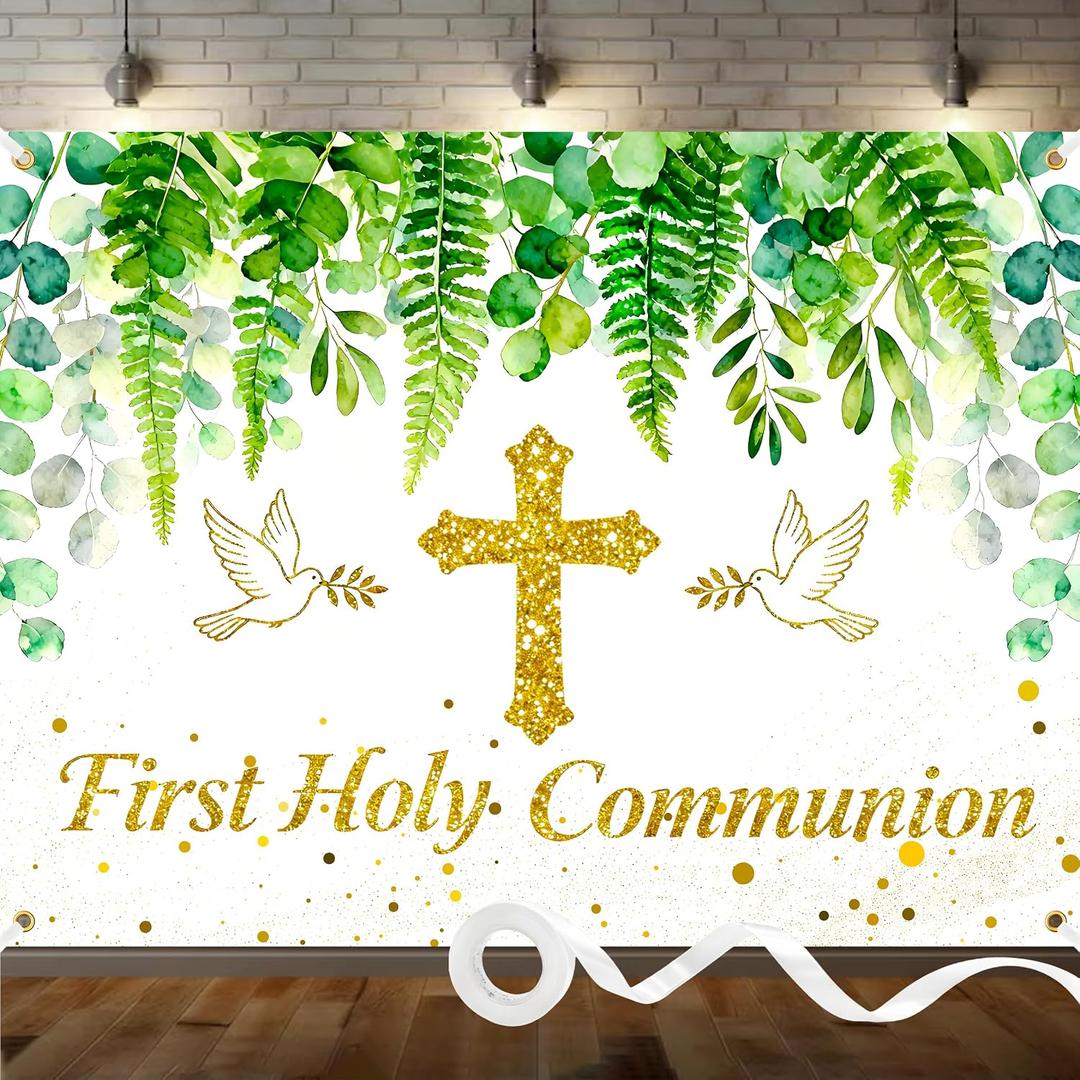 Greenery First Holy Communion Backdrop 8x6ft Polyester God Bless Baptism Photo Banner for Boys Girls Newborn Christening Confirmation Backdrop with Ribbon
