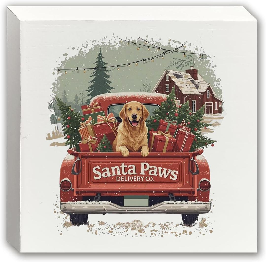 Red Truck Christmas Golden Retriever Wooden Box Sign, Gifts for Golden Retriever Lovers, Rustic Farmhouse Winter Wood Block Sign for Home Office Desk Shelf Table Decor, 5x5 Inch (white -26)