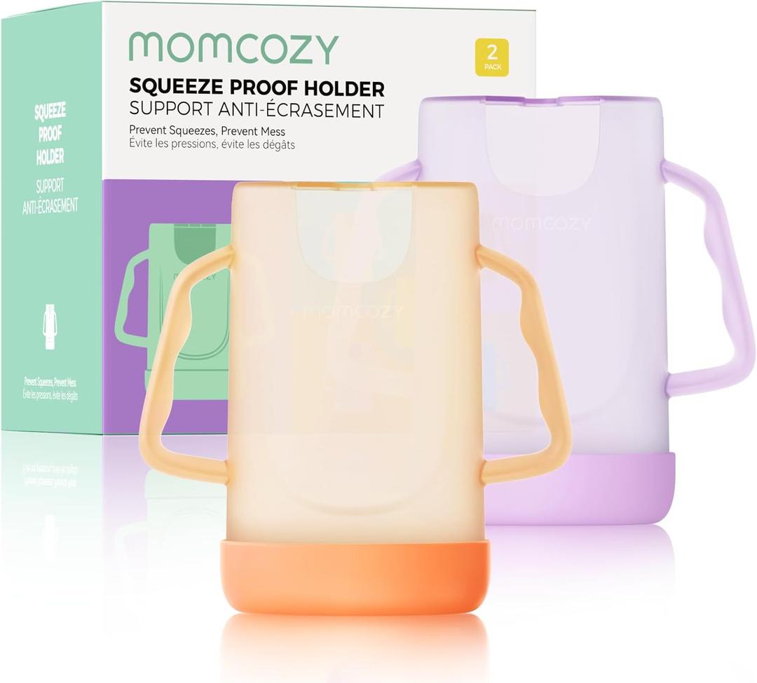 Momcozy Baby Pouch Holder No Squeeze, Baby Food & Juice Box Holder, Mess-Free, Easy Grip for Self-Feeding, BPA-Free & DEHP-Free, Must-Have for Babies, Violet&Orange 2Pcs