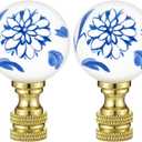 Retisee 2 Pcs 1.2 Inch Blue and White Porcelain Floral Ball Finials for Lamps Thread Size 1/4-27 Finial Lamp Shade Top Screw Lamp Topper Knob Ceramic Decorative Chinoiserie Finials Polished Brass Base