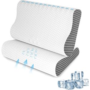 Cooling Pillows Queen Size Set of 2, Memory Foam Bed Pillows for Sleeping, Ergonomic Cervical Pillow for Neck and Shoulder Pain Relief, with PillowcaseGrey
