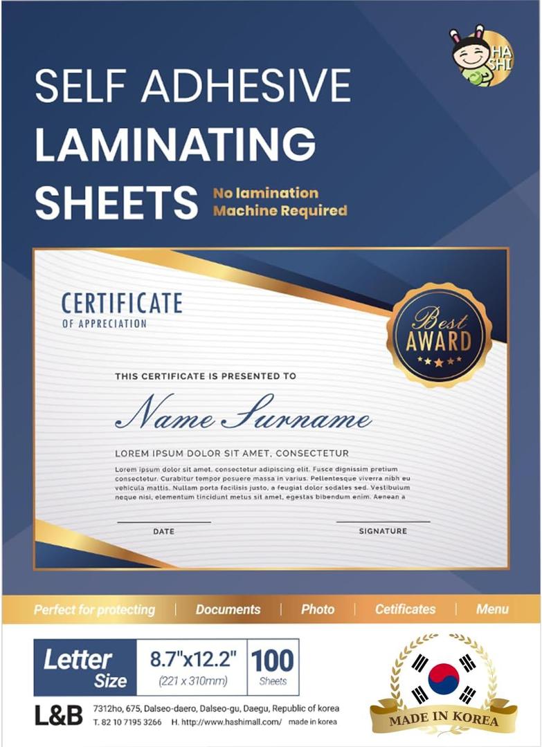No Heat Laminating Sheets Self Sealing 8.5 x 11 Inch, 100 Pack, 4mil Thickness, Transparent, No Machine Self Adhesive Laminating Sheets, Protect documents and Photos [Letter Size] by HA SHI