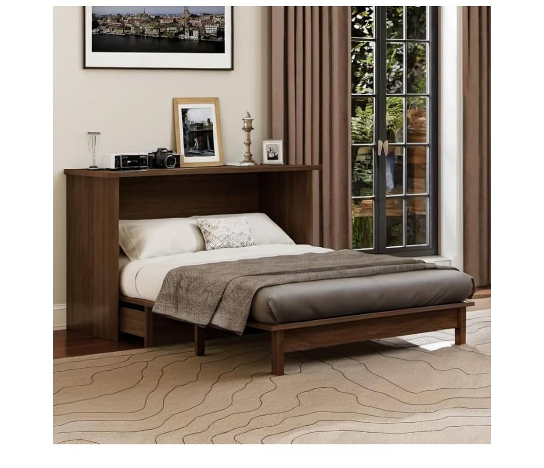 Queen Size Multi-Functional Bed Frame Home Office, Studio,Bedroom,Cabinet Murphy Bed w/Plank Support,No Box Spring Needed, Walnut