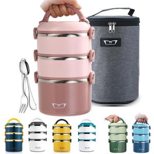 Mr.Dakai Adult Bento Lunch Box -Microwavable- All-in-One Stackable Stainless Steel Lunch Box Containers, 3-Tier Insulated Food Container with Bag, Utensils, 81oz Thermal Lunch Box for Hot Food, Pink