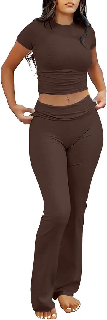 ANRABESS Lounge Sets for Women 2 Piece Foldover Yoga Flare Leggings Pants Crop Tops Casual Y2K Outfits Matching Tracksuit Set (Medium, Brown)