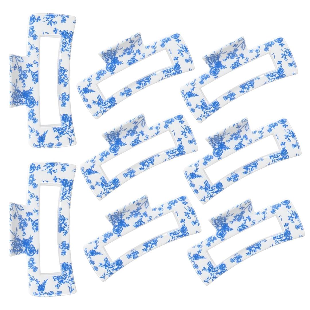 8 Pcs Blue Claw Clips Bulk for Women 5 Inch Vintage Floral Hair Claw Clips Large Square Rectangle Banana Accessories for Thick Thin Long Short Curly for Wedding Bridesmaid Bridal Shower Party