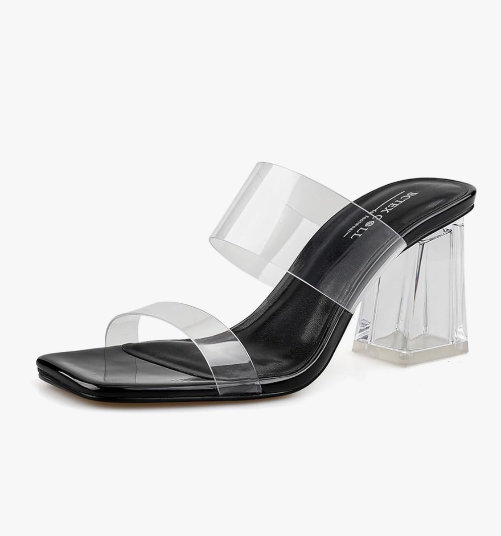 BCTEX COLL Women's Clear Heeled Sandals Transparent Two Strap Square Toe Slip On Chunky Block Heels Dress Shoes, Beige, Black, Nude, Rose Gold Size 7