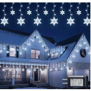 BEEWIN Christmas Snowflake Icicle Lights,8.2 FT 144 LED Snowflake Lights Outdoor with Timer,8 Modes Waterproof Connectable Christmas Light Plug in for Curtain Eave Window Indoor Outdoor Decor(White)