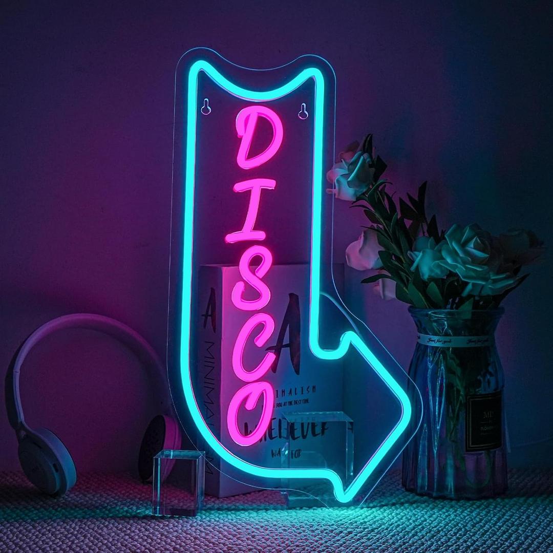 Looklight Disco Neon Signs for Wall Decor Pink Blue LED Word Light Sign Right-Pointing Arrow Neon Light USB Light Up Letters Sign for Disco Lover Music Bar Music Studio Rec Room Bedroom Party Decor
